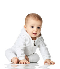 7 month infant child baby boy kid toddler sitting in white shirt 