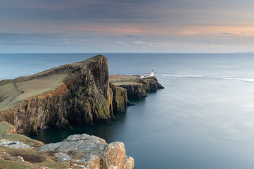 Neist Point Lighthouse near Glendale on the West Coast of the Isle of Skye in the Highlands of Scotland.