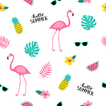 Summer seamless cute colorful pattern with flamingo, pineapple, tropical leaves, watermelon, flowers, sunglasses on white background. Vector illustration