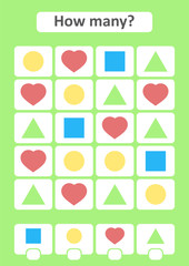 Counting game for preschool children. The study of mathematics. How many items in the picture. Circle, heart, square, triangle. With a place for answers. Simple flat isolated vector illustration.