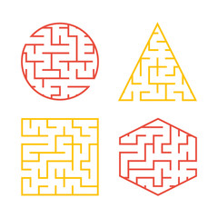 A set of colored labyrinths for children. A square, a circle, a hexagon, a triangle. Simple flat vector illustration isolated on white background.