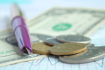 Dollar coins and pens put on the index. Financial Growth Concepts