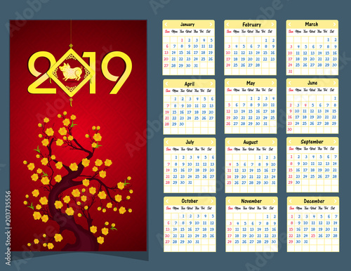 Calendar year chinese premium vector "Calendar 2019 Chinese calendar for happy New Year 2019 year of the pig