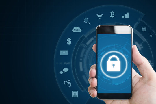 Mobile Device Security System. Hand Holding Mobile Smart Phone With Lock And Application Icons. On Blue Background