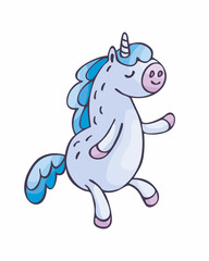 Little cute unicorn in doodle style. Colorful vector illustration isolated on a white background.