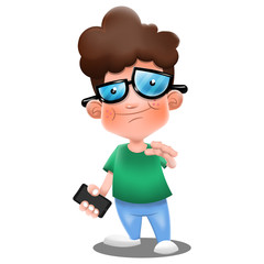 Boy get action with smartphone Cartoon Vector