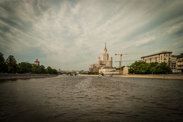 View from the Moscow River, to the residential house on Kotelnicheskaya Embankment, Moscow, June...
