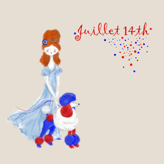 Bastille Day Card with Mademoiselle and a Poodle in Patriotic Colors. Beige Background Card Template with Vintage Lady and a Dog. July 14th Template for Invitation, Card, Menu and Various Printable.