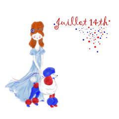 Mademoiselle and her Patriotic Tricolor Poodle Card on white Background. Frehand Drawn Girl with the Dog Template for Bastille Day Celebration.  July 14th Invitation, Card, Menu and Other Printable.