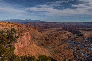 Fantastic Canyonlands National Park in the winter with a light blanket of snow in Utah, USA.