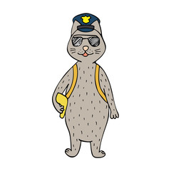Funny hand-drawn cat police officer on the white background.
