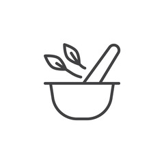 Mortar and pestle with herbal leaf outline icon. linear style sign for mobile concept and web design. Pharmacy and alternative medicine simple line vector icon. Symbol logo illustration. Pixel perfect