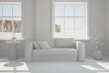 White room with sofa and winter landscape in window. Scandinavian interior design. 3D illustration