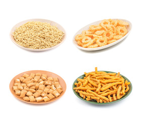 Indian Tasty Snack Food Collection Loung Sev, Aloo Sev, Shakkar Pare, Round Ring isolated on White Background