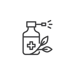 Medicine spray bottle and leaf outline icon. linear style sign for mobile concept and web design. Herbal syrup drug simple line vector icon. Symbol, logo illustration. Pixel perfect vector graphics