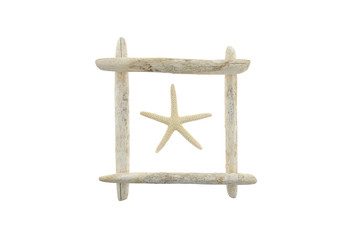 summer sea frame. Driftwood frame with dry starfish. frame of white sea snags and white starfish isolated on white background. Sea style.interior summer frame