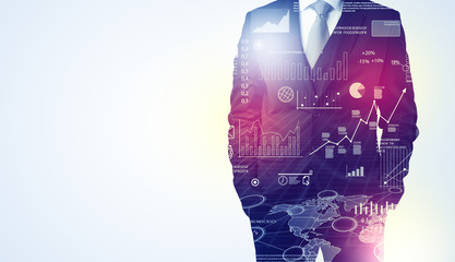 Leader man standing and thinking with graphs, charts, diagrams on the background