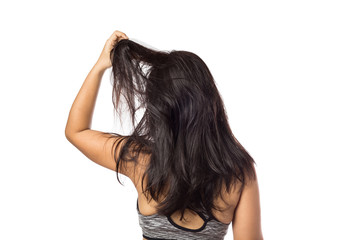 Women itching scalp itchy his hair isolated on white background