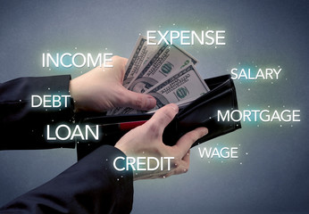 Businessman's hand takes out dollar from wallet with bank keywording wallpaper