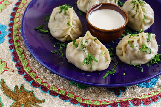 Dumplings, Manti - traditional meat dish of Central Asia, Turkey, Mongolia, Korea.