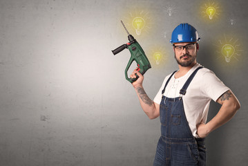 Craftsman with tool and new idea symbol in his hand.