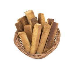 Indian Bakery Food Tea Time Sweet Dry Toast Snack Also Know As Indian Toast Snack, Toasted, Bread, Long Toast, Mawa Toast isolated on White Background