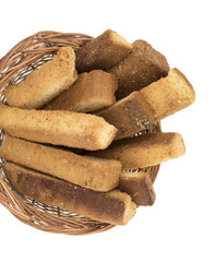 Indian Bakery Food Tea Time Sweet Dry Toast Snack Also Know As Indian Toast Snack, Toasted, Bread, Long Toast, Mawa Toast isolated on White Background