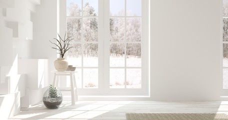 Fototapeta na wymiar White empty room with home decor and winter landscape in window. Scandinavian interior design. 3D illustration