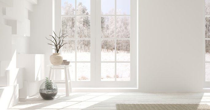 White empty room with home decor and winter landscape in window. Scandinavian interior design. 3D illustration