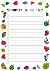 Summer to do list, different fruit,  printable page a4. 