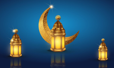 Fototapeta na wymiar Ramadan kareem background, illustration with arabic lanterns and golden ornate crescent