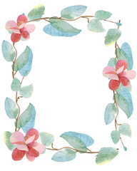 watercolor illustration of twigs and flowers in a rectangular frame