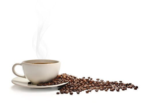 Fototapeta  Cup of coffee with smoke and coffee beans isolated on white
