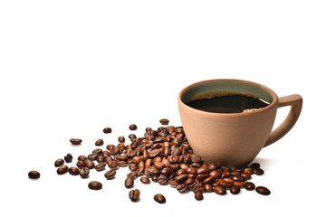 Cup of coffee and coffee beans isolated on white background