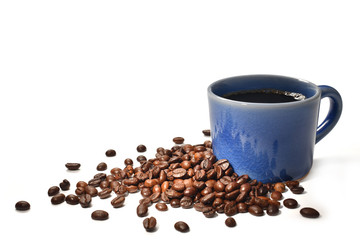 Cup of coffee and coffee beans isolated on white background