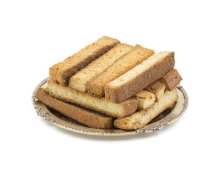 Indian Bakery Food Tea Time Sweet Dry Toast Snack Also Know As Indian Toast Snack, Toasted, Bread, Long Toast, Mawa Toast isolated on White Background