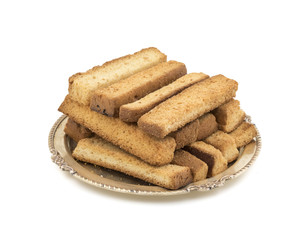 Indian Bakery Food Tea Time Sweet Dry Toast Snack Also Know As Indian Toast Snack, Toasted, Bread, Long Toast, Mawa Toast isolated on White Background
