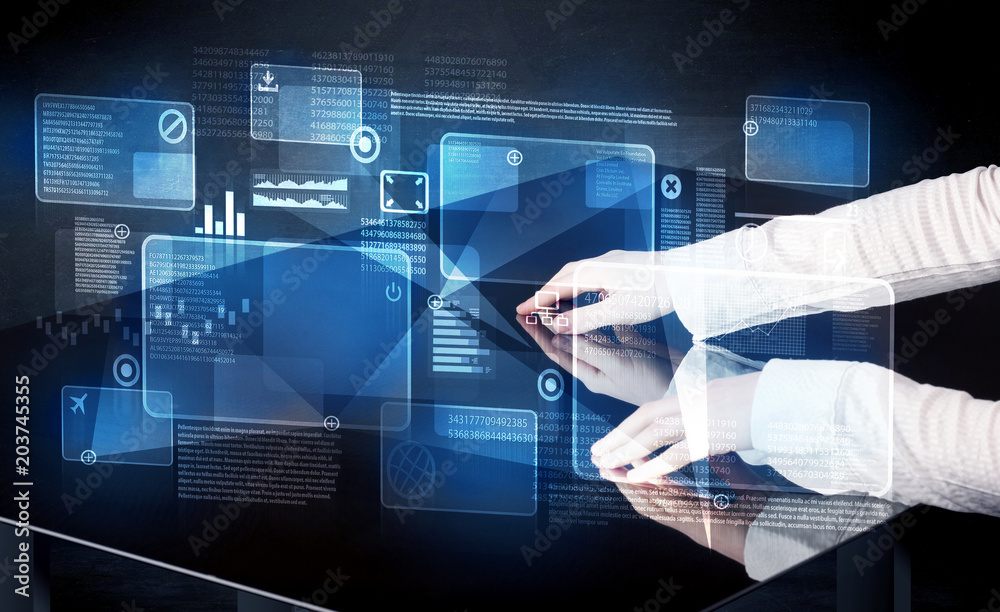 Poster Man pressing technology smart table interface with blue graphs