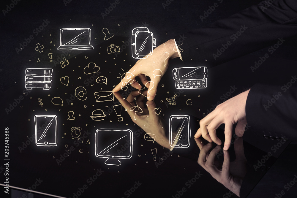 Aufkleber Man pressing table tablet hand touch interface with media icons and symbols