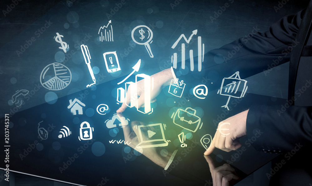 Poster Man touching technology smart table with business icons and symbols
