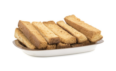 Indian Bakery Food Tea Time Sweet Dry Toast Snack Also Know As Indian Toast Snack, Toasted, Bread, Long Toast, Mawa Toast isolated on White Background