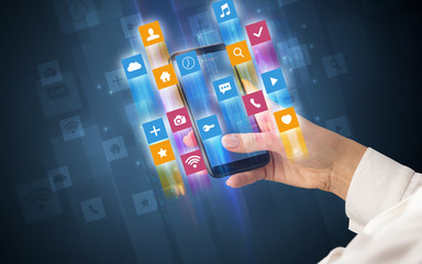 Female hand using smartphone with colorful angular fast switching application icons around