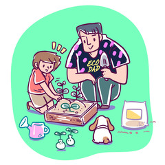 Vector illustration of Father and daughter with their pet dog planting seedling in wooden box
