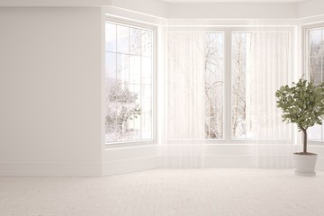 Fototapeta na wymiar White empty room with winter landscape in window. Scandinavian interior design. 3D illustration