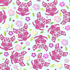 Seamless pattern with Pig's or Boar's head and flowers. Pig is symbol of 2019 Chinese New Year. Background for tattoo studio, oriental concept, pet shop, greeting card.