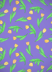 Vertical card with cute cartoon yellow flowers, tulips on violet background.