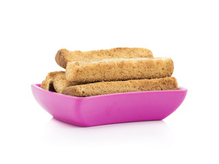 Indian Bakery Food Tea Time Sweet Dry Toast Snack Also Know As Indian Toast Snack, Toasted, Bread, Long Toast, Mawa Toast isolated on White Background