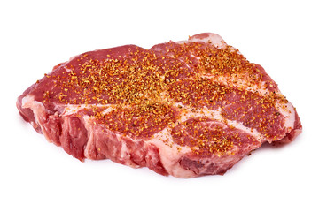 fresh raw beef steak with spices isolated on white background, organic farm