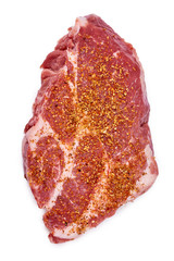 fresh raw beef steak with spices isolated on white background, organic farm