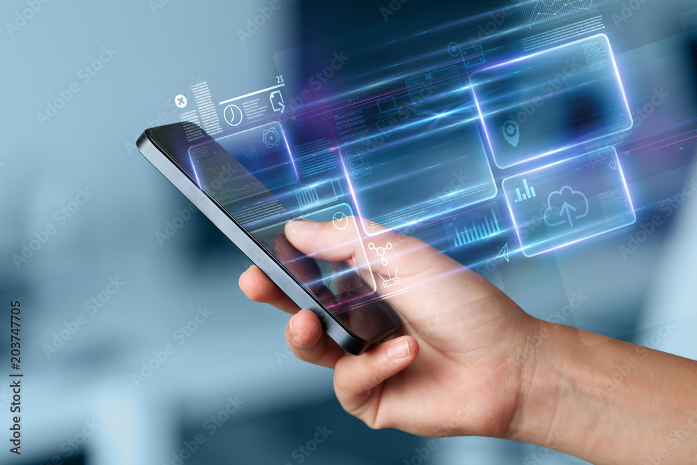 Aufkleber hand using phone with database reports and online work concept